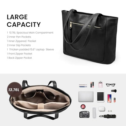 befen Genuine Leather Tote Bag for Women, Large Work Tote Bag with Zipper Leather Purse and Handbags with 15.6" Compartment - color: Black