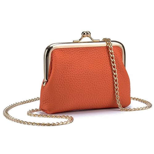 Leather Coin Purse for Women – Small Credit Card Holder with Chain, Mini Crossbody Wallet for Cash & Change - color: Orange
