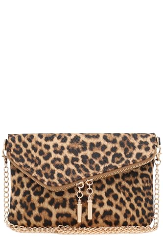 FashionPuzzle Envelope Wristlet Clutch Crossbody Bag with Chain Strap - color: Le023 Tan