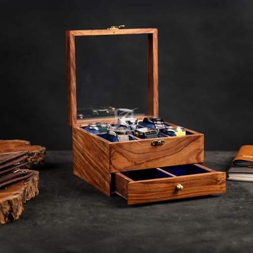 Handmade Mens watch box, Watch display case, Indian Rosewood single watch box case organizer for men, Velvet lining glass lid, Solid Gift for Him | Made for Special Events (SIX SLOT WITH DRAWER) - size: SIX SLOT WITH DRAWER