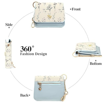 GAEKEAO Small Wallet for Women RFID Blocking Slim Keychian Wallet Floral Vegan Leather Card Holder with Zip Pocket ID Window - color: Y-Blue