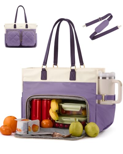 LOVEVOOK Laptop Work Tote Bag with Lunch Compartment & 40oz Cup Holder - color: Purple & Beige, size: 15.6" Laptop & Lunch Compartment