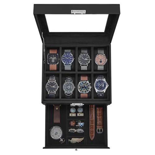 SONGMICS Watch Box, 8-Slot Watch Case Organizer with Large Glass Lid, 2 Layers, Removable Pillows, Metal Lock, Gift for Loved Ones, Black Synthetic Leather, Black Lining UJWB080B01 - color: Black + Black, size: 8 Slot