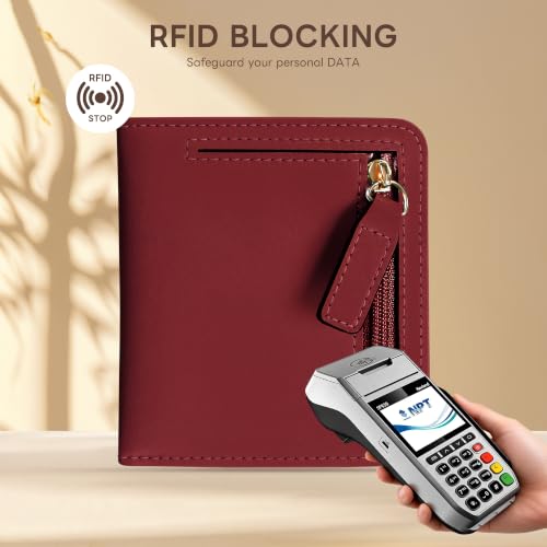 Small Wallet Women RFID Blocking Leather Bifold Compact Card Holder Wallet for Women With Zipper Coin Pocket ID Window (Deep Red) - color: Deep Red