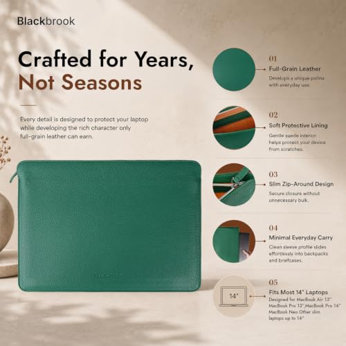 BlackBrook Tyler Leather Sleeve for MacBook Air 15 Inch & Pro 16 Inch | Handcrafted by Artisans, For Work, Travel & Daily Carry, Ages Without Peeling - color: Pebble Green