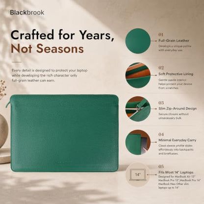 BlackBrook Tyler Leather Sleeve for MacBook Air 15 Inch & Pro 16 Inch | Handcrafted by Artisans, For Work, Travel & Daily Carry, Ages Without Peeling - color: Pebble Green