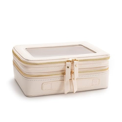 Aveniee Large Clear Makeup Bags, Double Layer Cosmetic Bags with Separate Brush Compartment, Travel Toiletry Bag Cosmetic Train Case, Travel Accessories Organizer for Women(2 Layers, White) - color: Off-White, style: Dual Layer