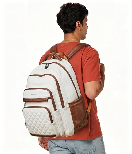 Bluome Work Backpack for Women Men, Laptop Vegan Leather Backpack Purse with 15.6–17 Inch Laptop, Multi-Pocket Bookbag for Office Travel Gym Weekend Overnight Bag, Beige - color: Beige
