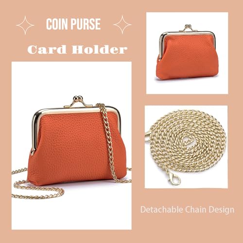 Leather Coin Purse for Women – Small Credit Card Holder with Chain, Mini Crossbody Wallet for Cash & Change - color: Orange