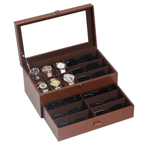AUTOARK Leather & Velvet 6 Watch Box & 9 Eyeglasses Storage,Coffee,AW-178 | Jewelry Case,Sunglass Glasses Display Drawer,Lockable Case Organizer - color: Coffee