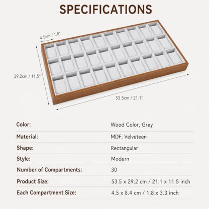 LOYALHEARTDY 30 Grid Watch Jewelry Tray Organizer Wooden Box Organizer Display Tray Watch Bracelet Display Holder with Removable Pillow for Men & Women Storage and Display