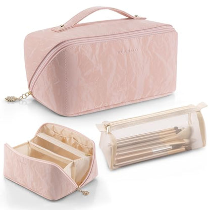 VLANDO Makeup Bag,Travel Toiletry Bag,Cosmetic Bag for Women PU Leather Portable Make up Bag for Skincare, Brushes & Travel Essentials-Sand Pink - color: 09-Sand Pink