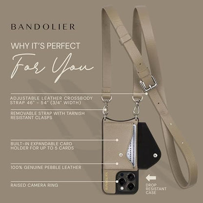 Bandolier Hailey Crossbody Wallet Phone Case for iPhone 16 Pro Max. 100% Genuine Pebble Leather with Silver Hardware. Adjustable & Removable Strap. Expandable Flip Card Holder. Greige with Silver - color: Greige/Silver, size: iPhone 16 Pro Max