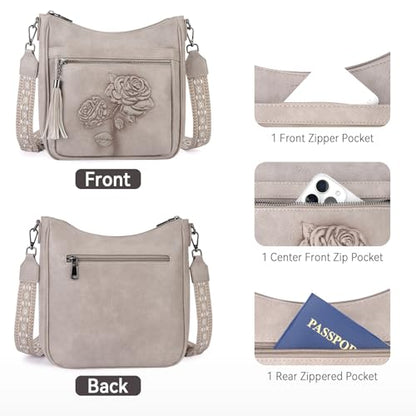 Medium Crossbody Bags for Women,Vegan Leather Hobo Purses Embossed | Women's Shoulder Handbags with Adjustable Boho Strap for Daily Travel Lightweight Cross body Purses with Multi Pockets - color: 05-gray