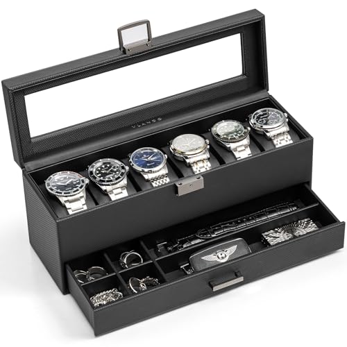 VLANDO Watch Case for Men, 6 Slot 2 Layer Watch Box with Glass Lid, Black | 2 layer watch organizer with 6 soft pillows, clear display lid and lower accessory storage for a tidy dresser or desk - color: C.Black