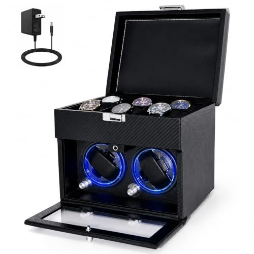 Automatic Watch Winder for Rolex and Auto Watches, Leather Double Winding Watch Box + 6 Storage Slots with Japanese Quiet Motor & Blue LED, Rotating Watch Case Used for Storage, Display & Gifts
