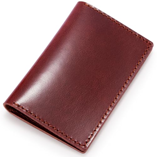 HISCOW Slim Full Grain Leather Business Card Holder, Veg-Tanned Espresso | Minimalist unlined raw edge, ultra-thin profile, bifold front pocket wallet, holds folded cash, premium gift box - color: Veg-Tanned Espresso