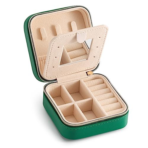 TRODANCE Jewelry Travel Case with Mirror,Small Travel Jewelry Organizer, Portable Jewelry Box Travel Mini Organizer Portable Display Storage Box For Rings Earrings Necklaces (Green) - color: B1 - 1 pack - Green