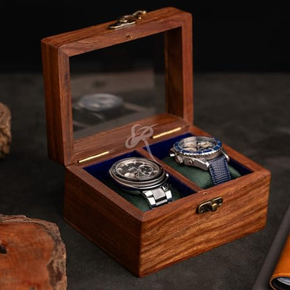 Handmade Mens watch box, Watch display case, Indian Rosewood single watch box case organizer for men, Velvet lining glass lid, Solid Gift for Him | Made for Special Events (DOUBLE SLOT) - size: DOUBLE SLOT