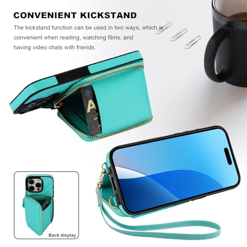 Bocasal Crossbody Wallet Case Card Holder for iPhone 16 Pro, Mint Green | RFID Blocking PU Leather Zipper Handbag Purse, Kickstand Flip Folio Case with Card Slots Holder Wrist Strap Lanyard 6.3 Inch - color: Green