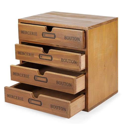 Flexzion Wooden Storage Box with 2 Drawers, Vintage Desktop Organizer | Compact Desk Organizer with Drawers for Office Supplies, Mail, Crafts and Vanity Items; 9.6 X 6.6 X 4.9 In; Fully Assembled - size: 4 Drawer
