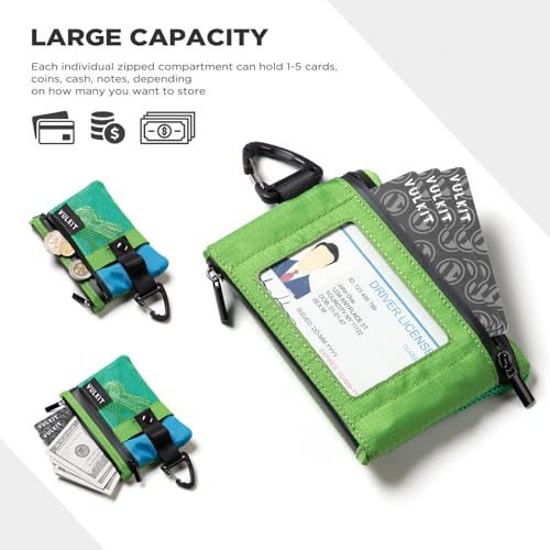 VULKIT Small Minimalist Wallet for Women and Men RFID Blocking, Zipper Coin Pouch with ID Window and Keychain, Water Resistant Travel Lanyard Wallet Green Blue - color: Green-blue