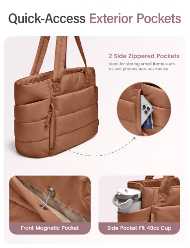 Uselike Tote Bag for Women with Zipper, Quilted Puffer Tote Bag with Compartments, Lightweight Puffy Work Bags for Women - color: Pecan Brown