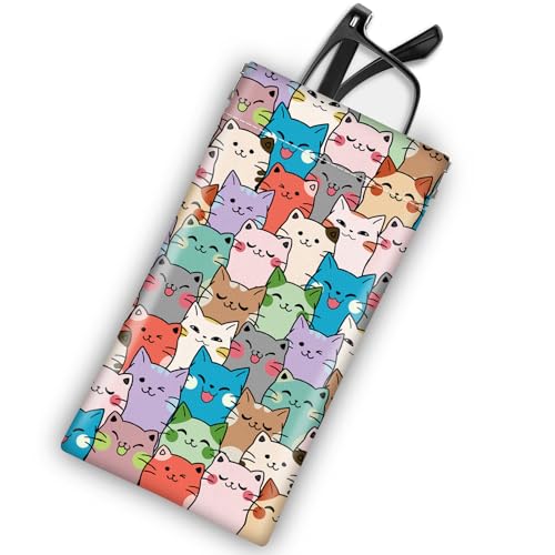 Soft Glasses Case for Sunglasses Eyeglass Slim Pouch | 7x3.5 inches, Portable PU Leather, Squeeze Top, Sunglasses Holder Bag Pouch, For Women Men - color: Cats