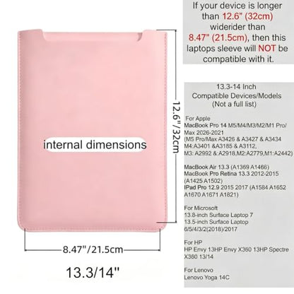 MacBook Air 14 inch Sleeve, PU Leather Laptop Sleeve Case Compatible with MacBook Air M5 M4 M3 M2 M1/MacBook Pro 13/MacBook Neo A18 2018-2026,Slim Protective Computer Sleeve Bag for Women, Pink - color: Pink, size: 13.3/14inch