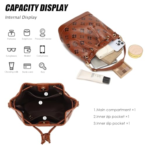 Travistar 2 Piece Bucket Bag for Women - Embossed Vegan Leather Crossbody Shoulder Handbags Satchel Purse Tote Set 2 Straps - color: Brown