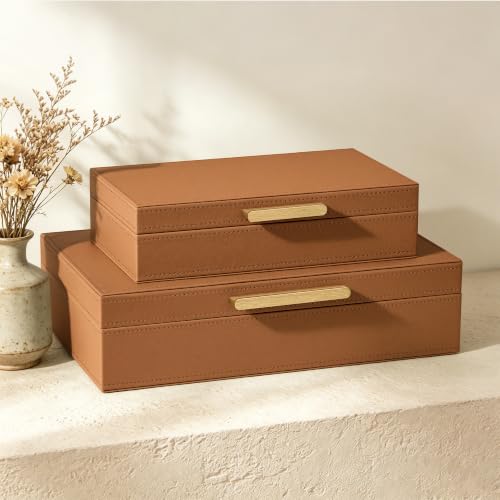 JARLINK Decorative Storage Boxes with Lids, PU Leather Bins, 2 Pack, Brown | Elegant Keepsake & Memory Boxes for Photos, Documents & Remotes, Premium PU Leather Organizers for Bookshelf & Home Decor - color: Brown