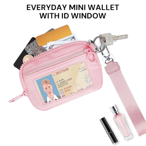 Small Wristlet Wallets for Women with Clear ID Window, Keychain Coin Purse | Organized Interior with 3 Card Slots, Inner Mesh Pouch, Lipstick Holder, Metal Key Ring and Detachable Wrist Strap - color: Pink