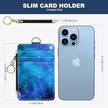 Slim Wallet Credit Card Holder, Blue Starry Sky, RFID Wallet Women Cute Small Front Pocket Wallet With Zipper, PU Leather Thin travel RFID Blocking Card Case ID Window,Ladies Gifts - color: Blue Starry Sky
