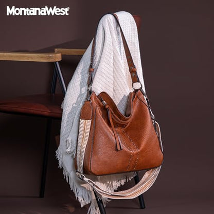 Montana West Hobo Bags for Women Top Handle Satchel Shoulder Purse Bucket Handbag - color: Guitar Strap-brown
