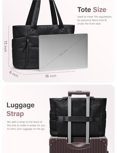 Uselike Tote Bag for Women with Zipper, Quilted Puffer Tote Bag with Compartments, Lightweight Puffy Work Bags for Women - color: Black