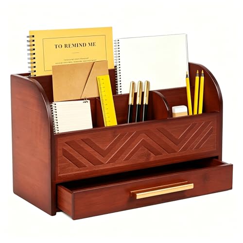 Brown Desktop Organizer with Drawer Storage, White Desk Organizer Mail Holder Mail Organizer Countertop Pen Holder Letter Sorter Make up Organizer for School Home Office Supplies - color: Brown