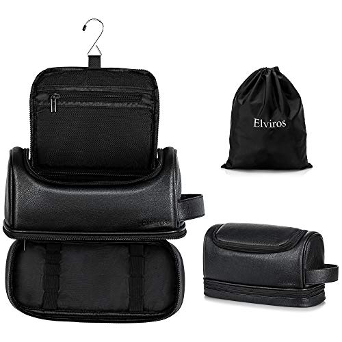 Elviros Hanging Toiletry Bag for Men PU Leather Shaving Kit (Black) | Water-Resistant Travel Organizer with Hanging Hook for Toiletries, Shaving Tools, Grooming Items, and Daily Storage - color: Black, size: Large (Pack of 1)