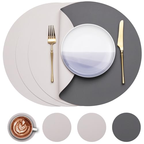 Myir JUN 15 Inches Round Placemats Set of 4 Faux Leather Place Mats | Waterproof Heat Resistant Placemats and Coasters Dual Sided Non-Slip Stain Table Mats for Dining Table, Gray & Beige - color: Gray & Beige, size: Set of 4