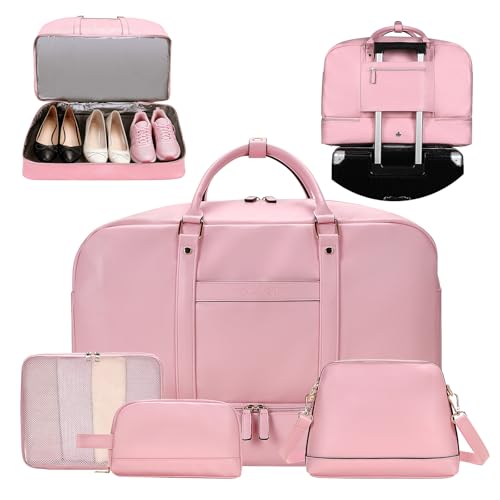 Large 4-in-1 Leather Duffle Bag for Travel Weekender Overnight Hospital Gym Bag for Men & Women, Carry On Airline Approved Personal Item Duffel Garment Bag Luggage with Shoe Compartment & Toiletry Bag - color: 4PCS Pink