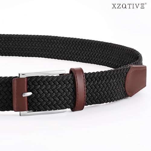 XZQTIVE Braided Stretch Belt Mens Gift Elastic Woven Belt for Golf Casual Pants Shirts Jeans - color: Black With Coffee Leather, size: Fit Waist 38-43in