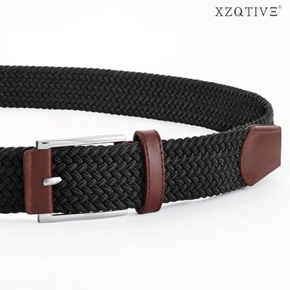 XZQTIVE Braided Stretch Belt Mens Gift Elastic Woven Belt for Golf Casual Pants Shirts Jeans - color: Black With Coffee Leather, size: Fit Waist 38-43in