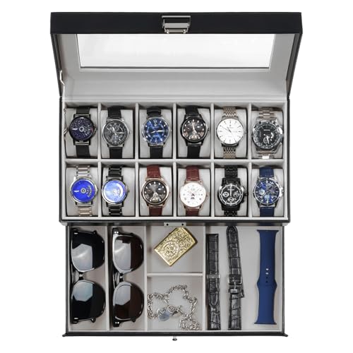 ProCase Watch Box, 12 Slot Watch Case for Men with Drawer, Black | 2-Layer Watches Display Case with Glass Lid, Mens Jewelry Box Storage Holder Organizer, Anniversary Christmas Birthday Gift - color: Black, size: 12-Slot