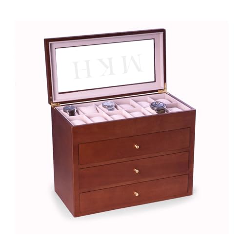 Bey-Berk Personalized Cherry Wood 48-Slot Watch Box (Brown), Custom Glass-Top Solid Wood Watch Organizer with Drawers & Velour-Lined Cushions - color: 48 Watches