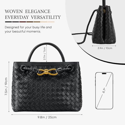 Woven Tote Bag for Women Leather Shoulder Handbag Designer Top Handle Purses - color: Dark Brown