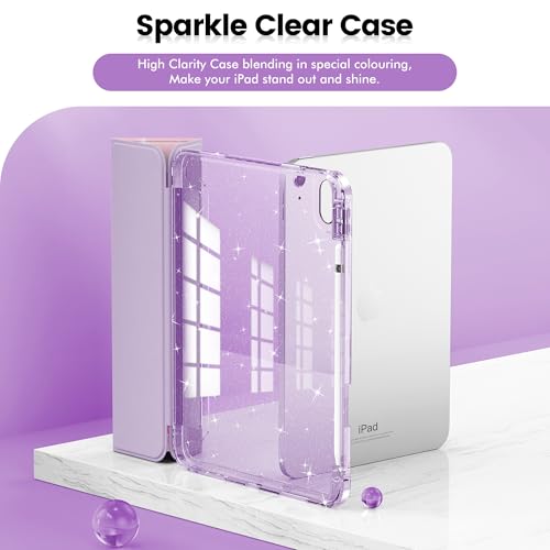 INFILAND Glitter Case for iPad A16 11th/10th Generation 11/10.9 Inch | 2025/2022 Sparkly Clear Cute Protective Cover Back with Pencil Holder For Kids Girls Purple Flutter - color: Purple Flutter
