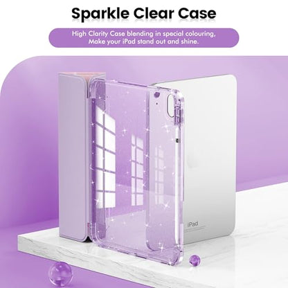 INFILAND Glitter Case for iPad A16 11th/10th Generation 11/10.9 Inch | 2025/2022 Sparkly Clear Cute Protective Cover Back with Pencil Holder For Kids Girls Purple Flutter - color: Purple Flutter