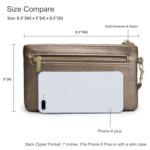 befen Genuine Leather Wristlet Clutch RFID Blocking Bag Cell Phone Purse | Cell Phone Wristlet Clutch for Women, Small Wallet Purses with RFID Blocking Card Slots - color: Metallic Bronze Pewter