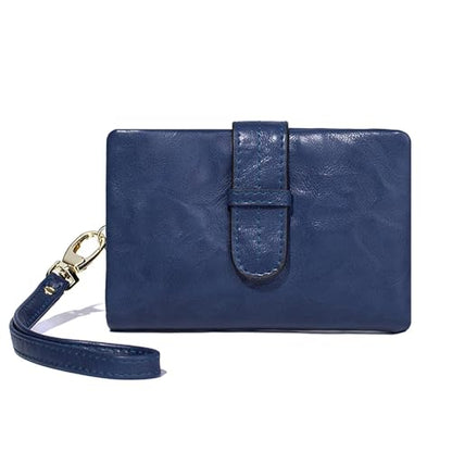 Wallets for Women Small Leather Rfid Ladies Wallets Bifold Medium Billfolds for Women Compact Trifold Wristlet with Wrist Strap Coin purse Card holder (Blue) - color: Blue