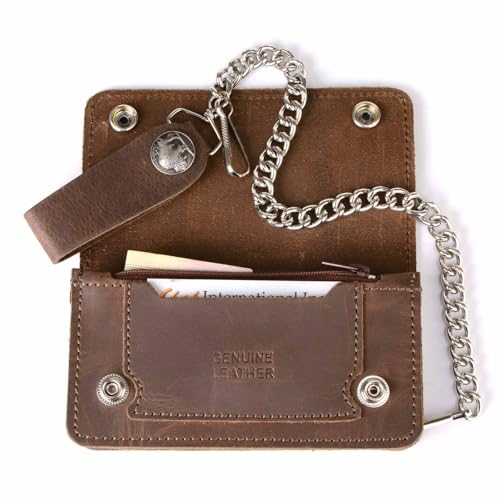 Milwaukee Leather MLW7865 Men's 7" Black Soft Premium Cowhide Leather Tri Fold Wallet w/Anti-Theft Stainless Steel Chain - color: Brown Buffalo Coin, size: 6 Inch