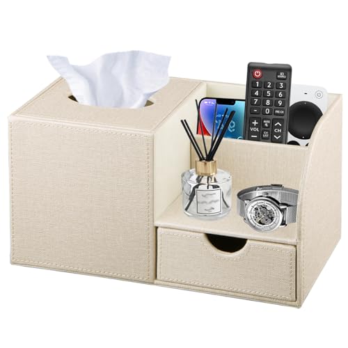Nightstand Organizer with Tissue Holder,PU Leather Square Tissue Box Cover | Modern Facial Paper Organizer Storage Box for TV Remote Control,Bathroom,Vanity Countertop,End Table,Home and Office Decor - color: Beige